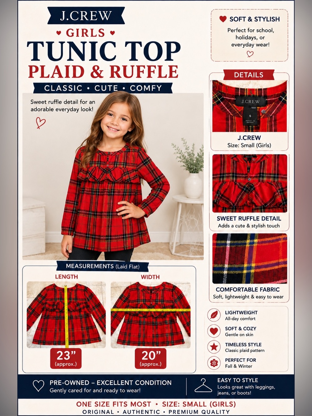 J.Crew Girls Small Red Plaid Ruffle Tunic Top Long Sleeve Holiday Christmas